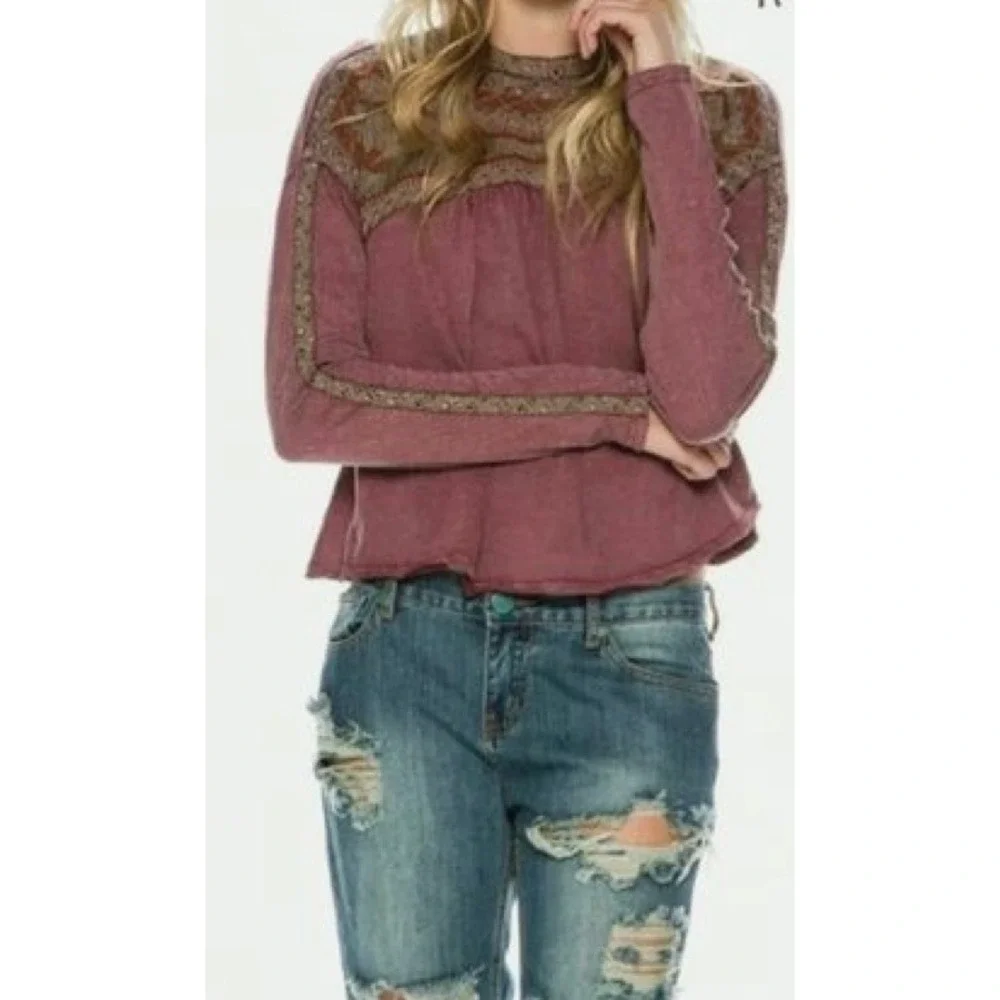 Free People Embroidered Long Sleeve Babydoll Top Plum Mauve Cotton Size Medium